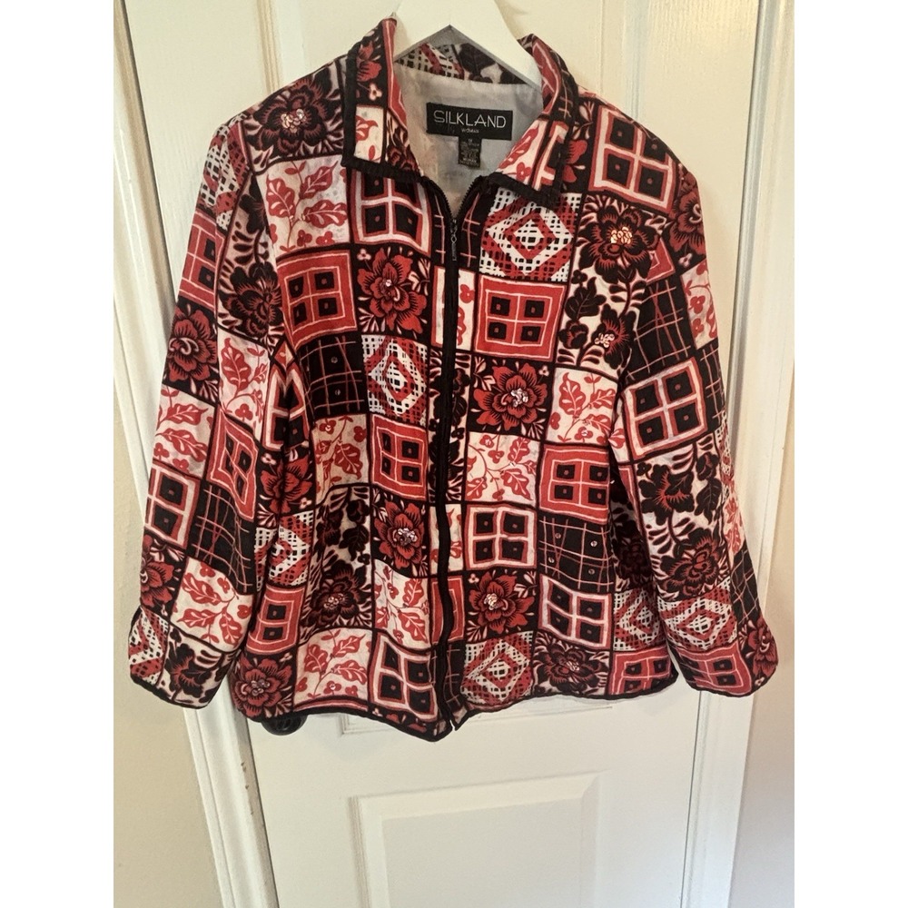 Vintage 90s SilkLand Women's 100% Silk Quilted Patchwork Jacket Beaded Floral 1X